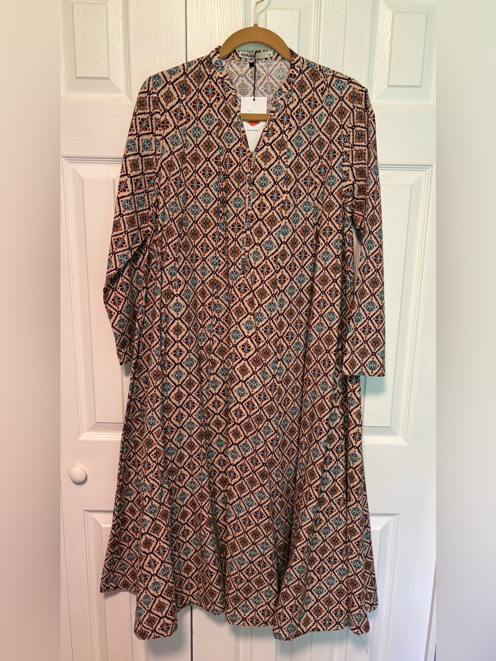 Beautiful V-Neck Geometric Print Wide Flared Dress - Beige & Teal